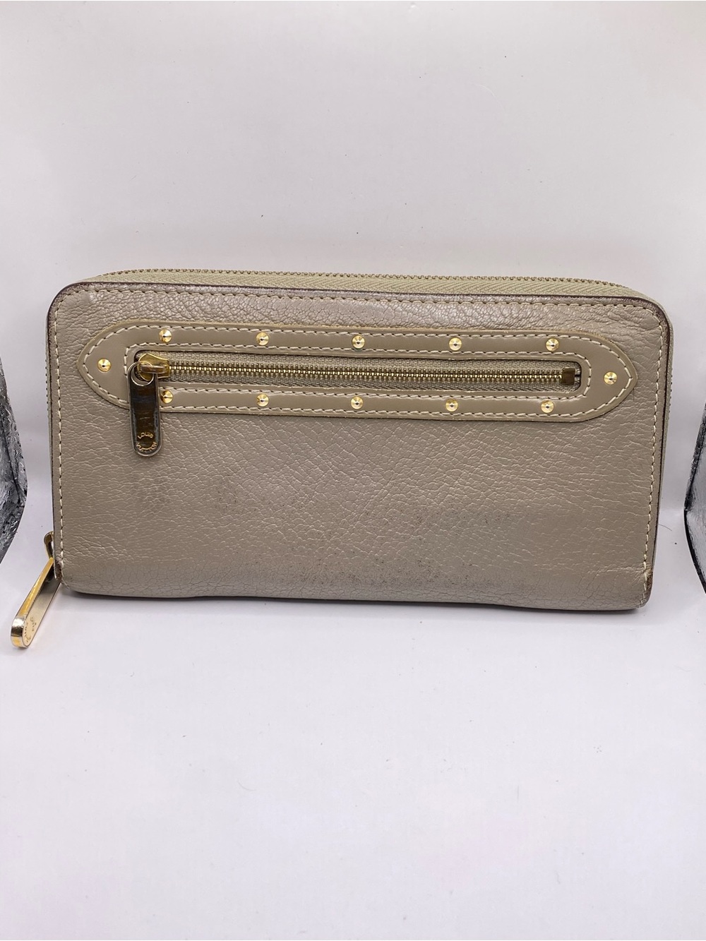Louis Vuitton Taupe Zip-Around Wallet with Gold Stud Accents